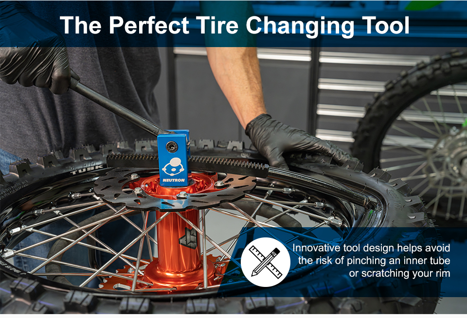 The Perfect Tire Changing Stand, someone using the tool in the shop, innovative tool design helps avoid the risk of pinching an inner tube or scratching your rim, link